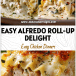 White Chicken Alfredo Lasagna Roll Ups stacked on a plate with creamy sauce and herbs, perfect for Pasta Dinner Recipes